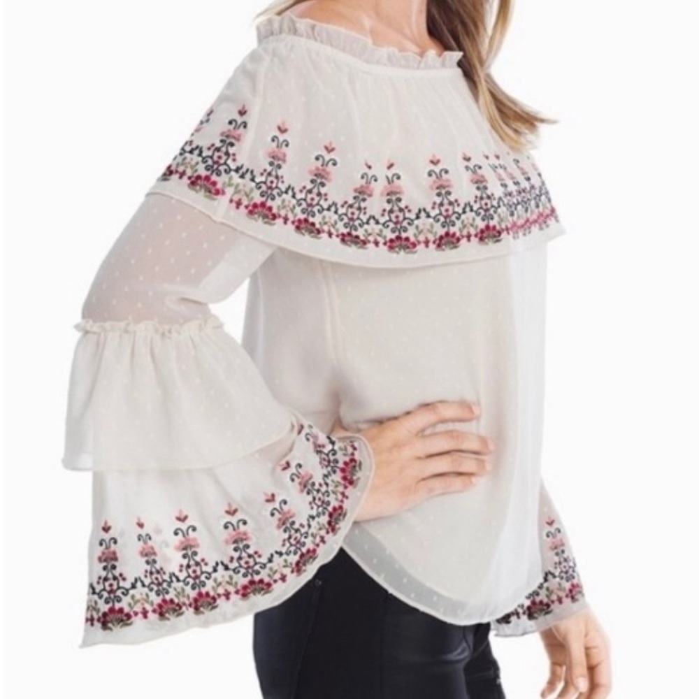 White House Black Market Boho Top Embroidered Tiered Bell Sleeve Blouse XS